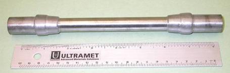 Sketch (above) and photograph (below) of tungsten foam/tungsten shell heat exchanger test component