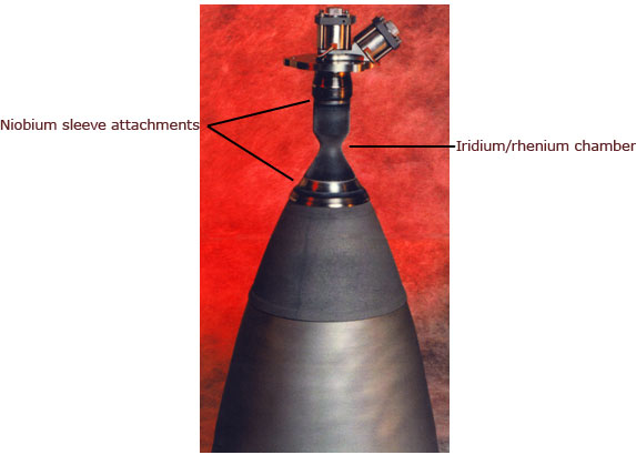Iridium/rhenium combustion chamber, patented by Ultramet, and niobium sleeve attachments as part of a liquid apogee engine Iridium/Rhenium Chambers