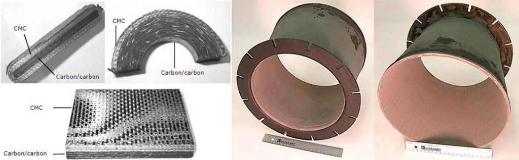 CMC-lined carbon CMC-lined carbon/carbon development specimens (left) and carbon/carbon nozzle (right; ID liner; 13” max. dia.) for reduced component weight
