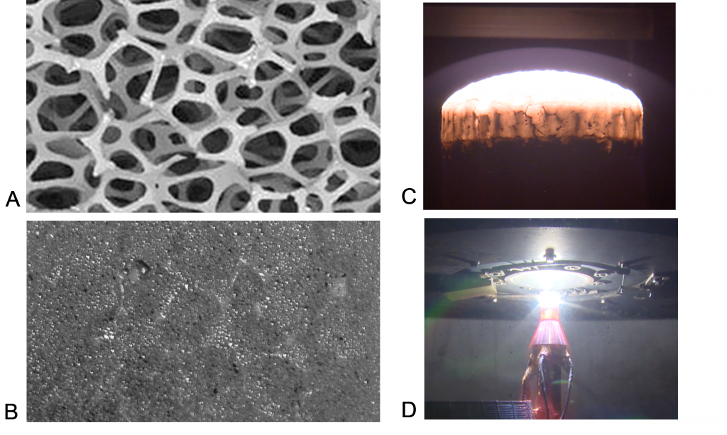 Open-cell carbon foam before (A) and after (B) infiltration with phenolic/chopped fiber ablator and typical specimen during NASA ARC arcjet test (up to 2203 W/cm2 heat flux) (C-D) Ablator Filled Foam Insulation