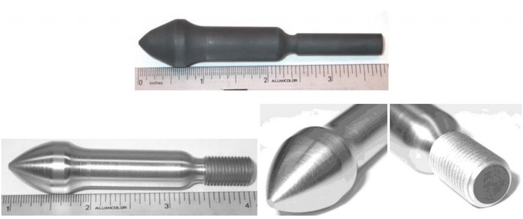 Graphite pintle before (top) and after (bottom) CVD rhenium coating Graphite Pintle