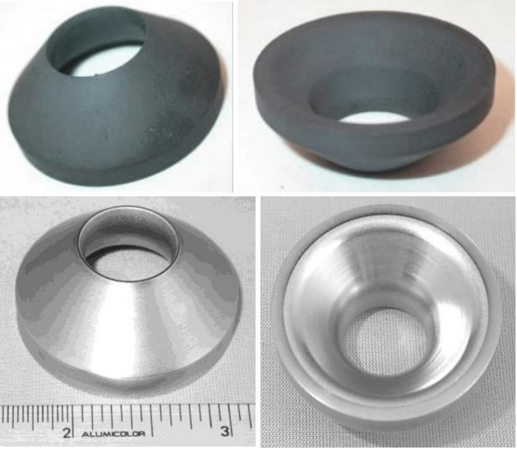 Graphite throat before (top) and after (bottom) CVD rhenium coating Graphite throat