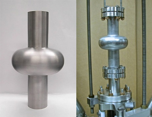 Seamless CVD niobium 3-GHz SRF cavity (left) and prior to performance testing at Cornell (right) Seamless CVD Niobium